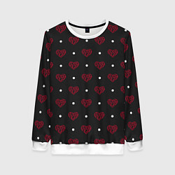 Женский свитшот Красные сердечки и белые точки на черном