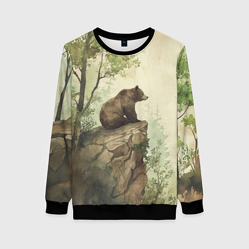 Женский свитшот Мишка на скале / 3D-Черный – фото 1
