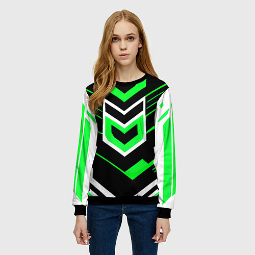 Женский свитшот Полосы и зелёно-белый шестиугольник / 3D-Черный – фото 3