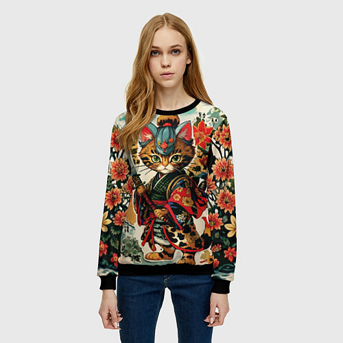 Женский свитшот Якудза самурай кот с мечом / 3D-Черный – фото 3