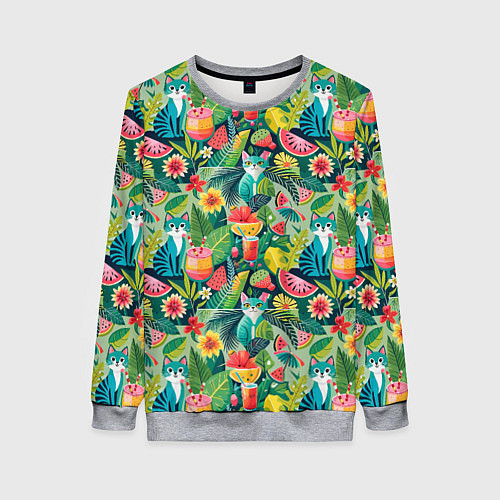 Женский свитшот Летние тропические котики с арбузным коктейлем / 3D-Меланж – фото 1