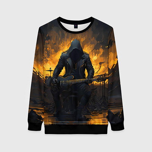 Женский свитшот Гитарист играющий в пламени / 3D-Черный – фото 1