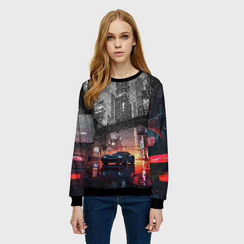 Женский свитшот Спорткар на ночной улице / 3D-Черный – фото 3