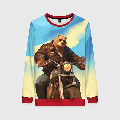 Женский свитшот Медведь на мотоцикле - байкер / 3D-Красный – фото 1
