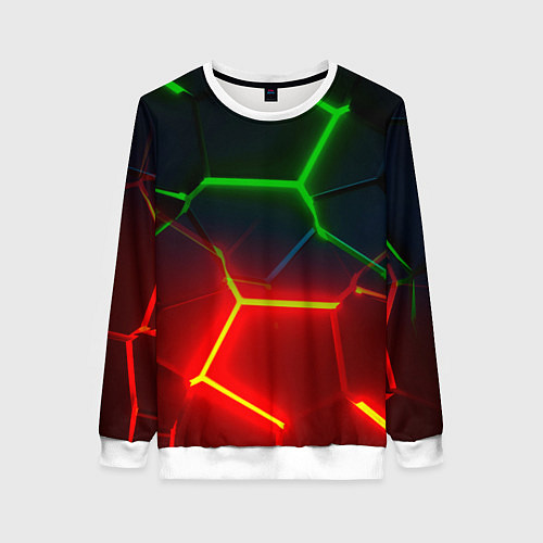 Женский свитшот Зеленые и красные неоновые плиты в разломе / 3D-Белый – фото 1