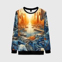 Свитшот женский Нью-Йорк с джинсовыми берегами - нейросеть, цвет: 3D-черный