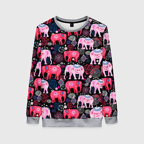 Женский свитшот Орнамент разноцветных слонов / 3D-Меланж – фото 1