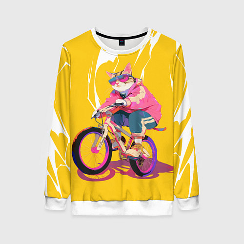 Женский свитшот Кот на велосипеде жёлтый фон / 3D-Белый – фото 1