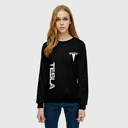 Женский свитшот Tesla logo white / 3D-Черный – фото 3