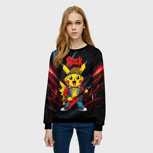 Женский свитшот Радостный Пикачу рок звезда / 3D-Черный – фото 3