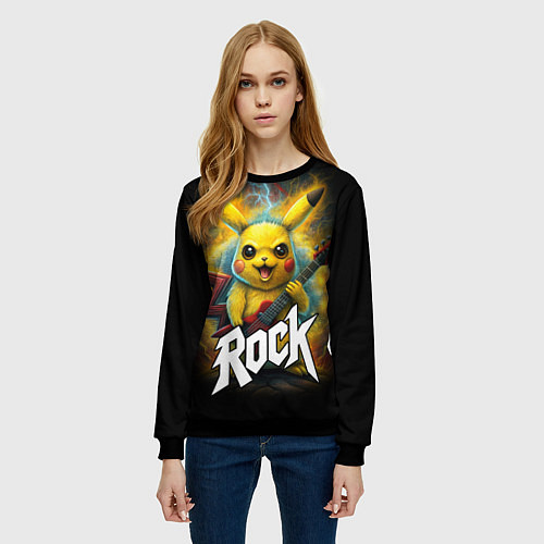 Женский свитшот Пикачу рокер с электрогитарой / 3D-Черный – фото 3