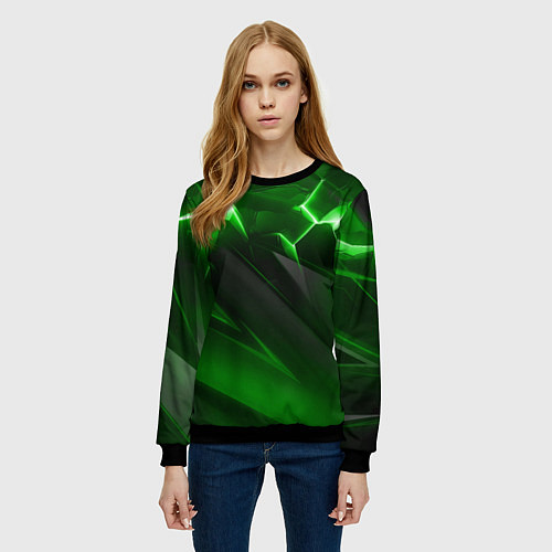 Женский свитшот Яркая зеленая объемная абстракция / 3D-Черный – фото 3