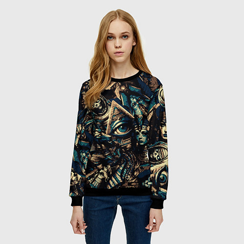 Женский свитшот Фараон Клеопатра Анубис и пирамиды / 3D-Черный – фото 3