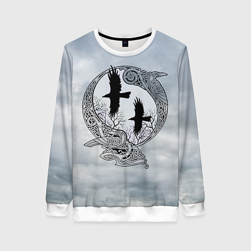 Женский свитшот Вороны одина в кельтском орнаменте на фоне неба / 3D-Белый – фото 1