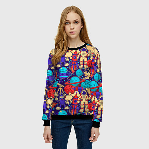 Женский свитшот Космические мультяшные персонажи / 3D-Черный – фото 3