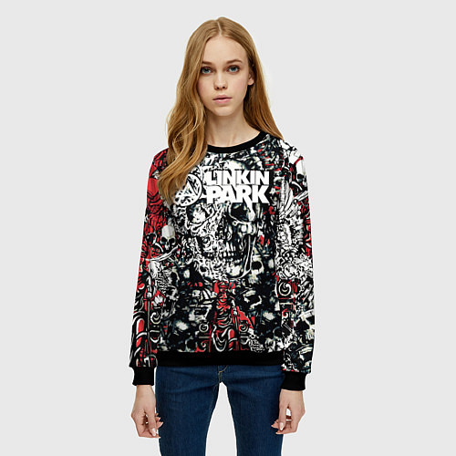 Женский свитшот Linkin Park на фоне татуировки черепов и скелетов / 3D-Черный – фото 3