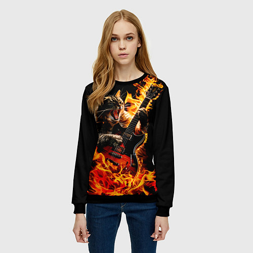 Женский свитшот Кот в огне играет рок / 3D-Черный – фото 3