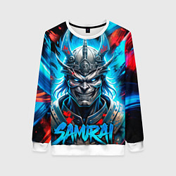 Свитшот женский Самурай синий неоновый демон со светящимися глазам, цвет: 3D-белый