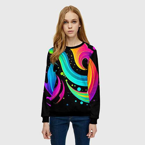 Женский свитшот Яркая неоновая абстракция - нейросеть / 3D-Черный – фото 3