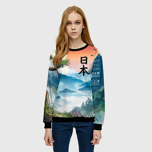 Женский свитшот Восход красного солнца - Японский пейзаж / 3D-Черный – фото 3