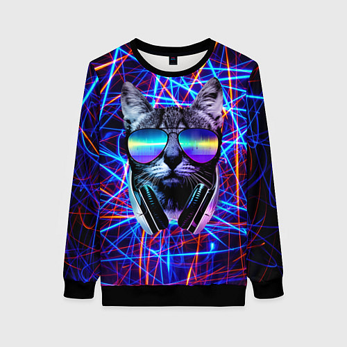 Женский свитшот Cat DJ neon / 3D-Черный – фото 1