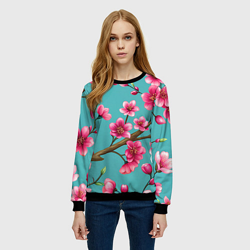 Женский свитшот Ветка розовой сакуры / 3D-Черный – фото 3