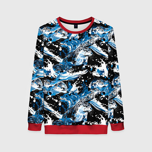 Женский свитшот Выдры в речке на волнах - паттерн / 3D-Красный – фото 1