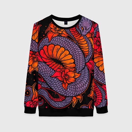 Женский свитшот Цветы и змея - Японский стиль / 3D-Черный – фото 1