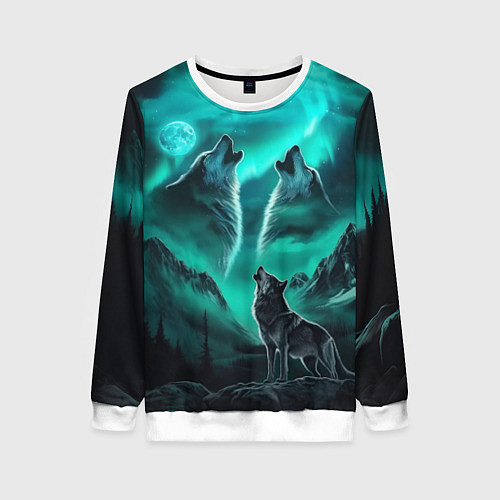 Женский свитшот Волки воют на луну и северное сияние / 3D-Белый – фото 1
