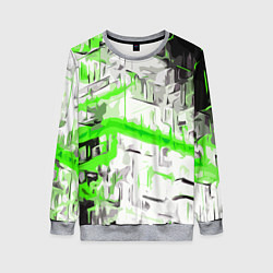 Свитшот женский Бело-зелёная абстракция на чёрном фоне, цвет: 3D-меланж