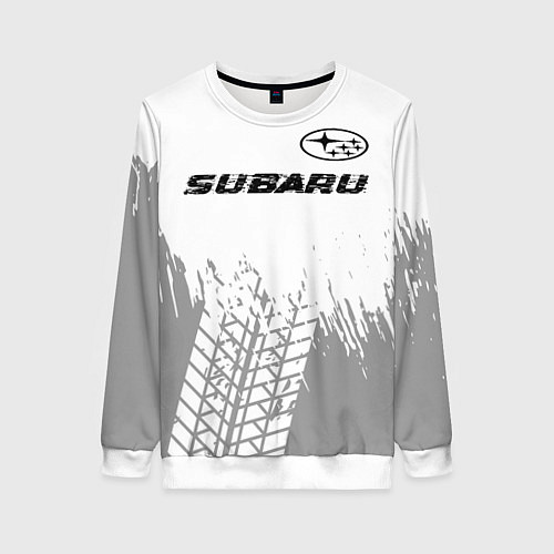 Женский свитшот Subaru speed на светлом фоне со следами шин посере / 3D-Белый – фото 1