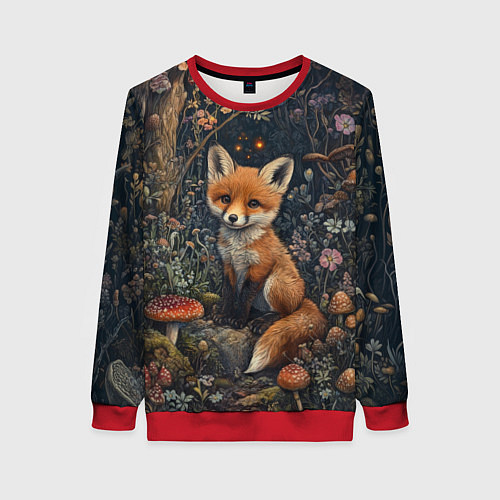 Женский свитшот Милый лисенок в лесу / 3D-Красный – фото 1