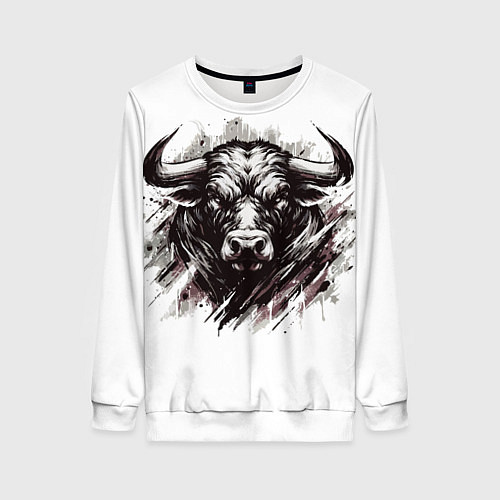 Женский свитшот Гранж - портрет быка: голова / 3D-Белый – фото 1