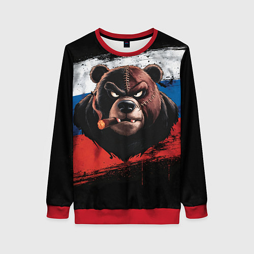 Женский свитшот Медведь на фоне российского флага / 3D-Красный – фото 1