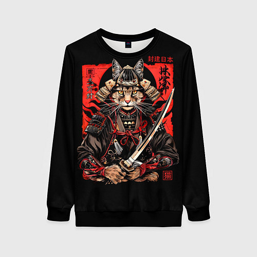 Женский свитшот Кот самурай - гравюра / 3D-Черный – фото 1