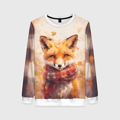 Женский свитшот Лис в клетчатом шарфе / 3D-Белый – фото 1