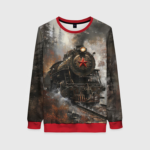 Женский свитшот Паровоз в осеннем лесу / 3D-Красный – фото 1