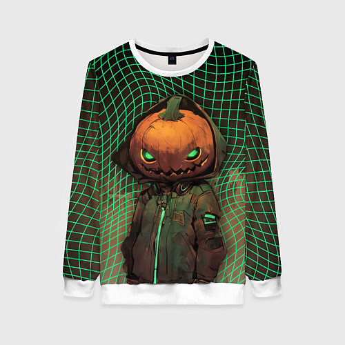 Женский свитшот Тыквенный Джек в неоновой сетке / 3D-Белый – фото 1