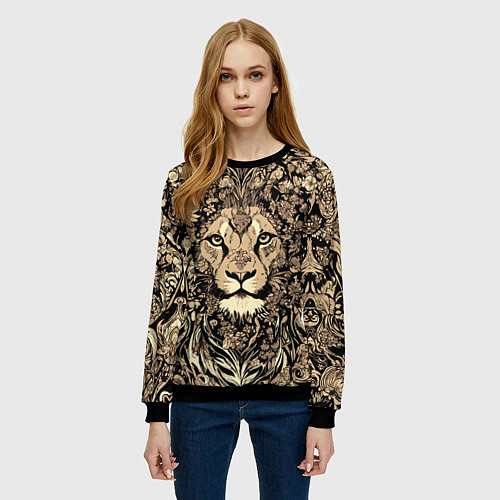 Женский свитшот Лев среди узоров из цветов / 3D-Черный – фото 3
