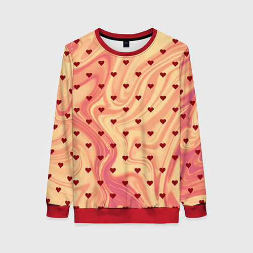 Женский свитшот Жёлто-красный абстракция с маленькими сердечками / 3D-Красный – фото 1
