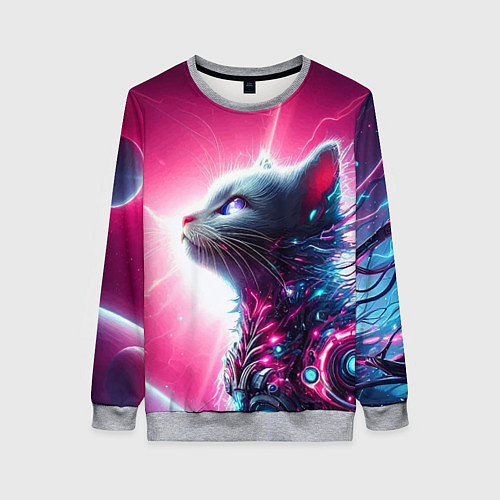 Женский свитшот Космический кибер котёнок - неоновое свечение / 3D-Меланж – фото 1