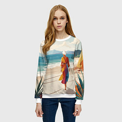 Свитшот женский Летний пейзаж с женщиной на пляже, цвет: 3D-белый — фото 2