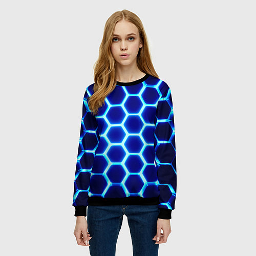 Женский свитшот Неоновые шестигранники с подсветкой / 3D-Черный – фото 3