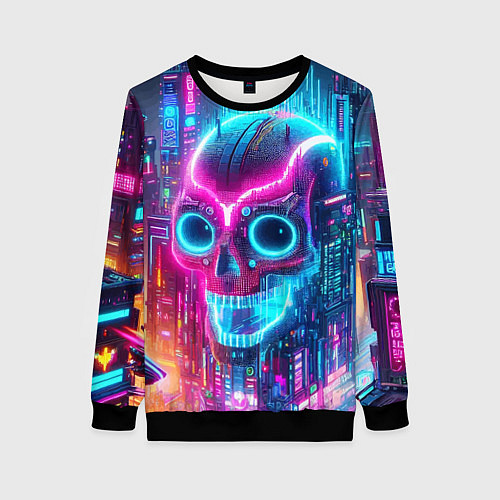 Женский свитшот Neon skull in metropolis - future / 3D-Черный – фото 1