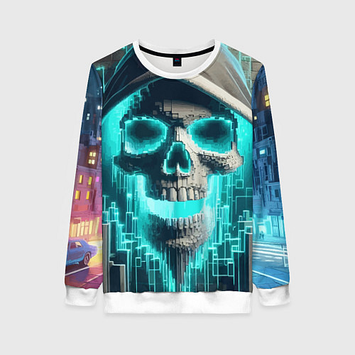 Женский свитшот Скелет в балахоне - граффити кибер-хакер / 3D-Белый – фото 1