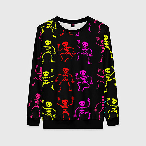 Женский свитшот Разноцветные танцующие скелетики паттерн / 3D-Черный – фото 1