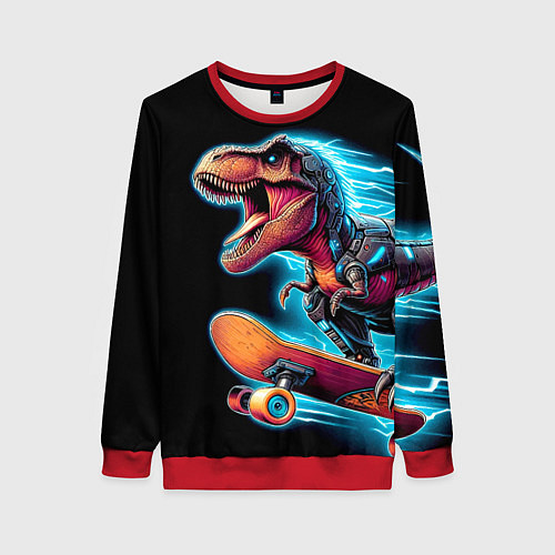 Женский свитшот Cool Dino on a skateboard - neon glow fantasy / 3D-Красный – фото 1