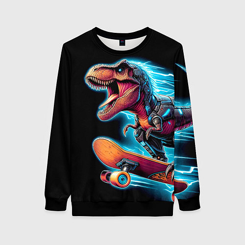 Женский свитшот Cool Dino on a skateboard - neon glow fantasy / 3D-Черный – фото 1