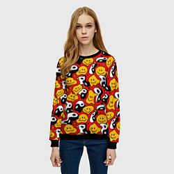 Свитшот женский Смайлики разноцветный паттерн, цвет: 3D-черный — фото 2