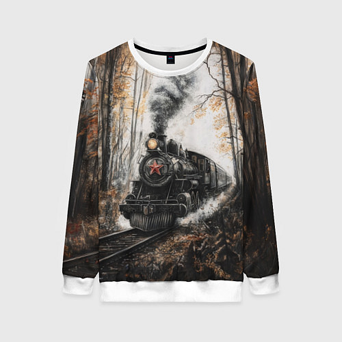 Женский свитшот Паровоз со звездой в осеннем лесу / 3D-Белый – фото 1